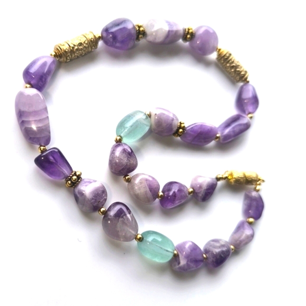 Artisan Amethyst Fluorite Gold Plated Sterling Silver Necklace Bracelet Set